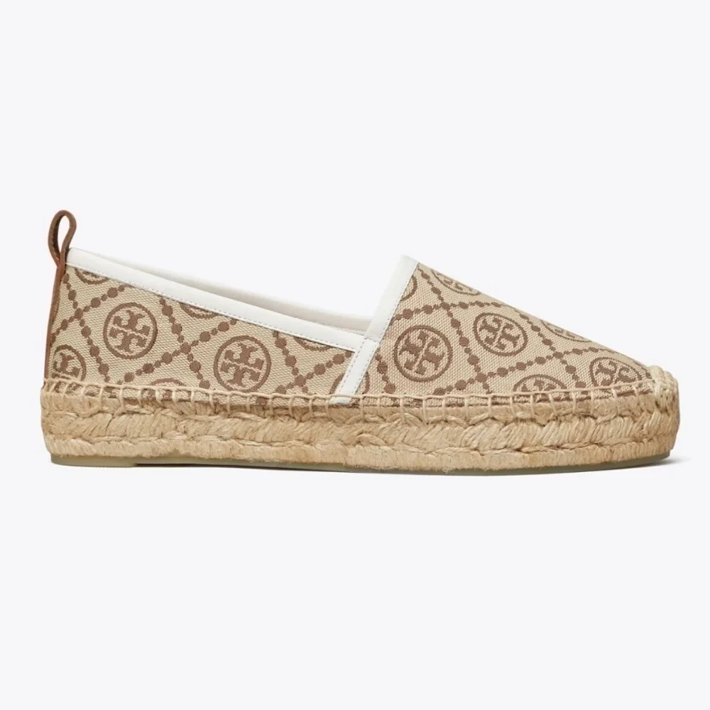 NWT TORY BURCH T MONOGRAM PLATFORM ESPADRILLE Hazelnut Logo Jacquard